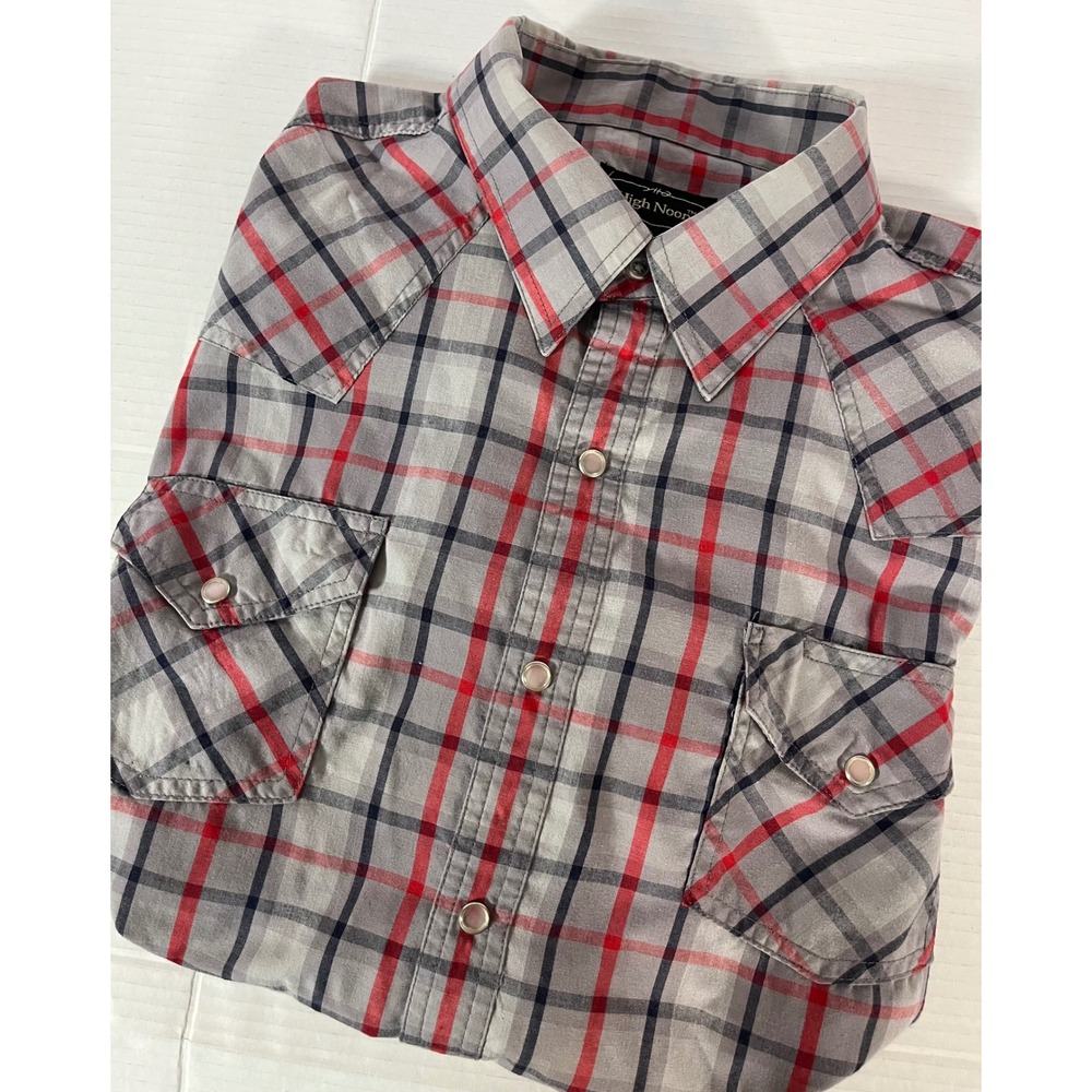 High Noon Western Shirt Mens Large Gray Red Plaid Pearl Snap Long Sleeve - Picture 6 of 6